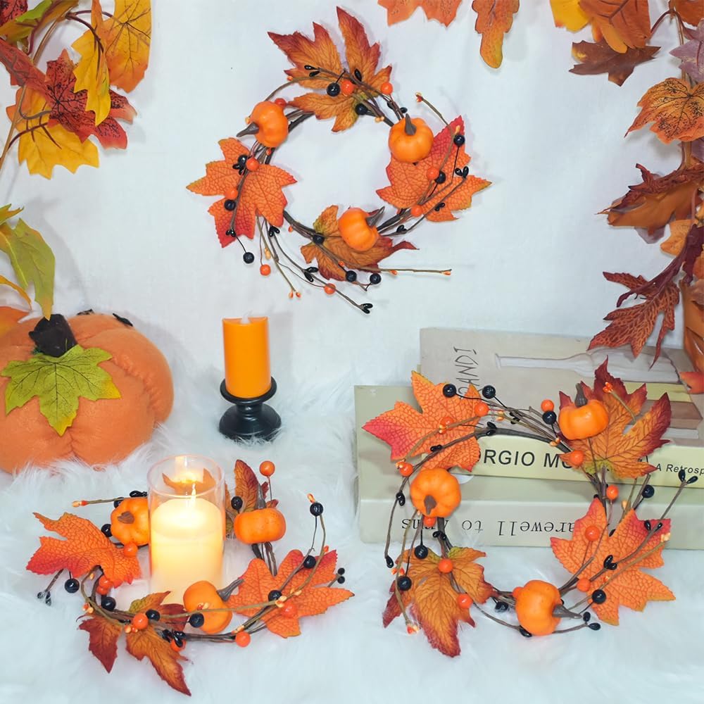 Skiennix 3-Piece Fall Candle Rings - Autumn Maple Leaves & Pumpkins | Perfect for Thanksgiving & Halloween Decor