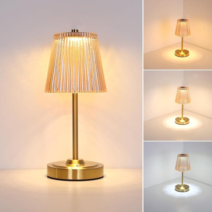 Cordless Touch Table Lamp with 5200mAh Battery - 3 Adjustable Color Temperatures & Dimmable, Rechargeable Desk Lamp for Bedroom, Living Room, Office, Entryway, Bookshelves (Amber Stripe)