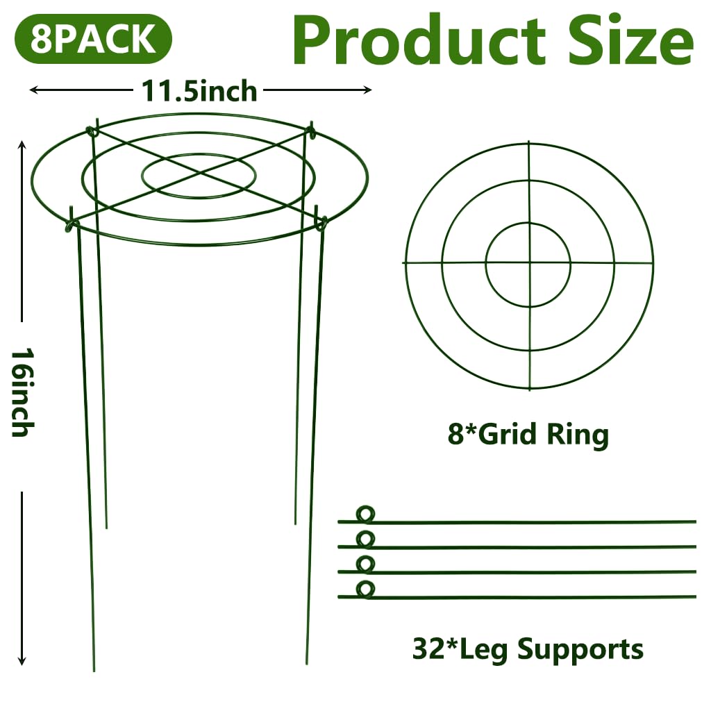 DAYUMKOU 8 Pack Peony Cages and Supports, 11.5" D x 16" H Plant Supports for Outdoor Plants, Heavy Duty Metal Peony Support Cage Flower Support Rings for Rose Hydrangea Strawberry