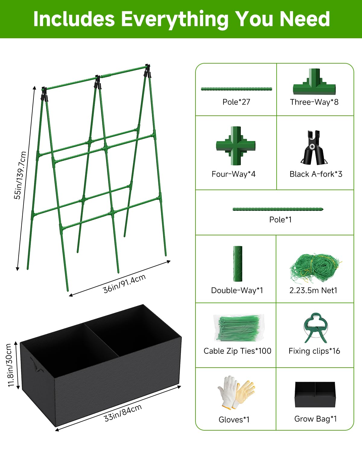 Cucumber Trellis with for Climbing Plants, A-Shape Garden Trellis with Grow Bags, Metal Plant Trellis with Garden Netting for Vegetables Flowers Fruits (A-Shape)