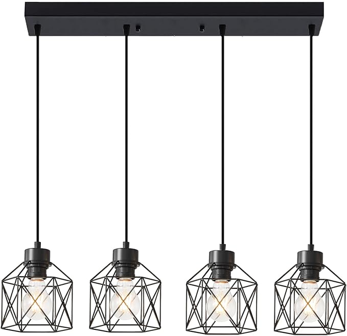 4-Light Hanging Pendant Light Fixtures, Farmhouse Kitchen Island Light Fixture, Industrial Hanging Pendant Lighting for Dining Room Bedroom Hallway, Black Metal Cage Pendant Lamp, E26 Base