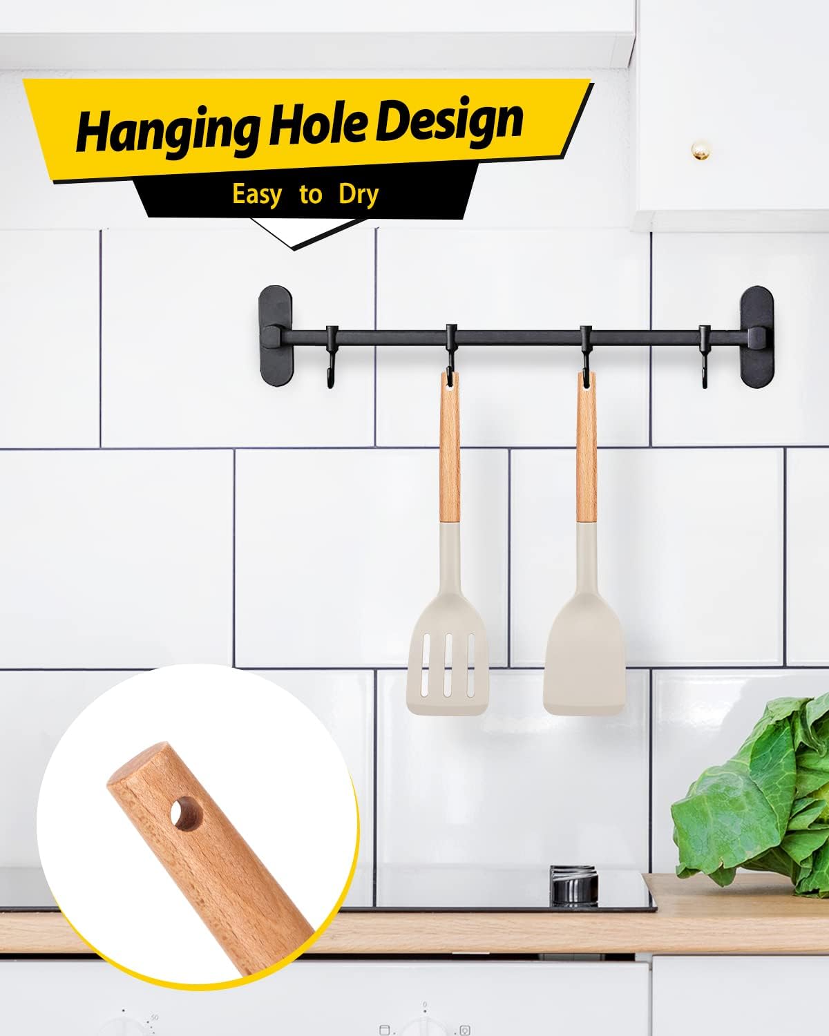 Skiennix Silicone Cooking Spatula Set - Heat Resistant Non-Stick Slotted Turner | 2-Pack with Wooden Handles