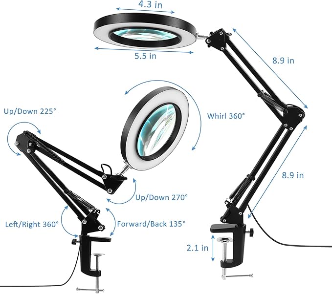 LANCOSC 10X Magnifying Glass with Light and Stand, Optical-Grade Glass Lens, 3 Color Modes Stepless Dimmable, Adjustable Swivel Arm, LED Magnifier Desk Lamp for Close Work Repair Crafts Reading, Black
