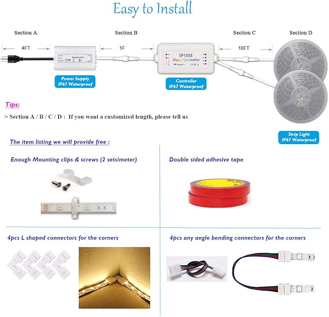 200FT (2X 100FT/Roll) 60LEDs/M 24V 5050 IP67 Waterproof RGB LED Flexible Strip Light w/Bluetooth Remote & Controller(Waterproof) and Power Supply(Waterproof)