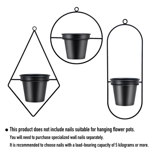 HemePaha Geometric Wall Planters for Indoor Plants Set of 3 Black Metal Wall Mounted Plant Holder (Diamond & Oval & Round Shapes) with 5 Inch Flower Pots, Modern Hanging Planters for Indoor Decor