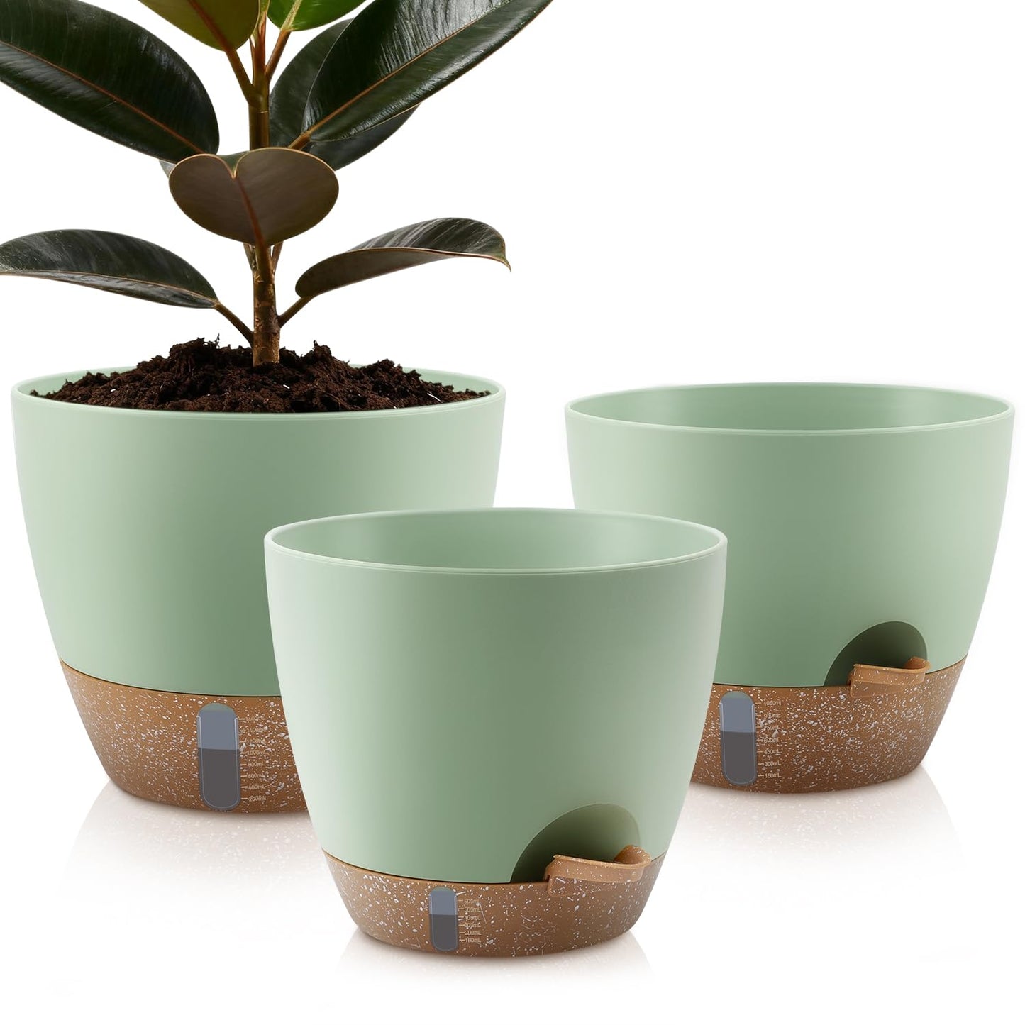 QRRICA Self-Watering Plant Pots with Water Level Indicator, Drainage Holes & Saucers – 12/10/9 Inch Large Plastic Planter Set for Indoor & Outdoor Plants (Green)