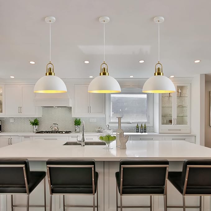 Vintage Industrial Pendant Light - 13.58'' Rustic White and Gold Farmhouse Dome Pendant Lighting, 78.74'' Length, for Kitchen, Dining, Bedroom, Living Room