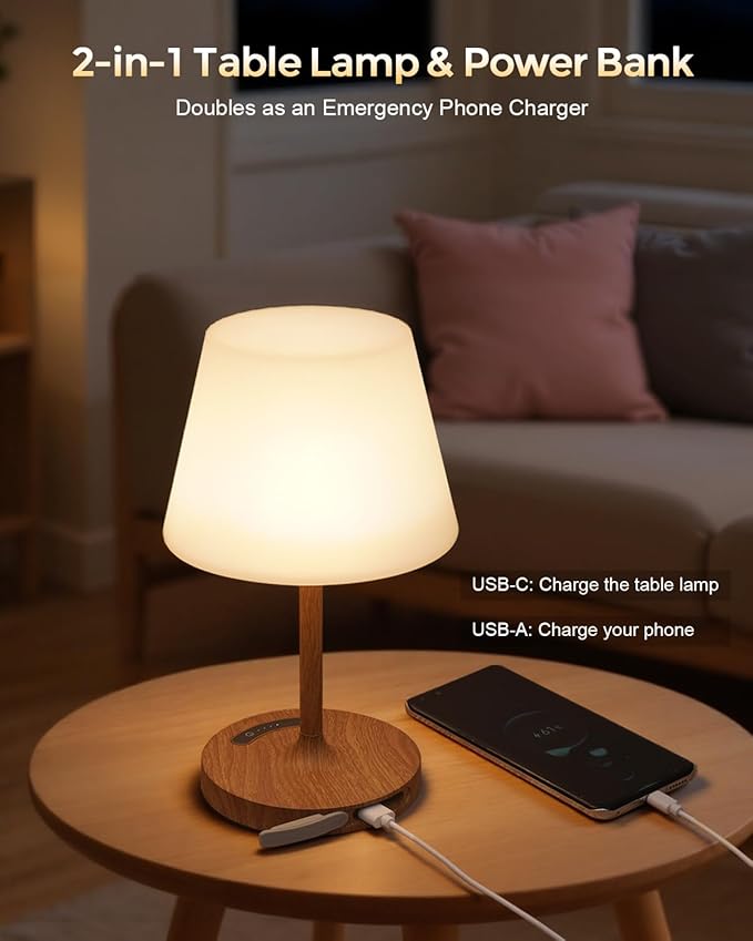 Cordless Touch Table Lamp, 4000mAh Rechargeable Small Desk Lamp with 3 Color Temperatures & Stepless Dimming, Portable LED Bedside Lamp for Bedroom, Living Room, Patio & Camping, Wood Grain