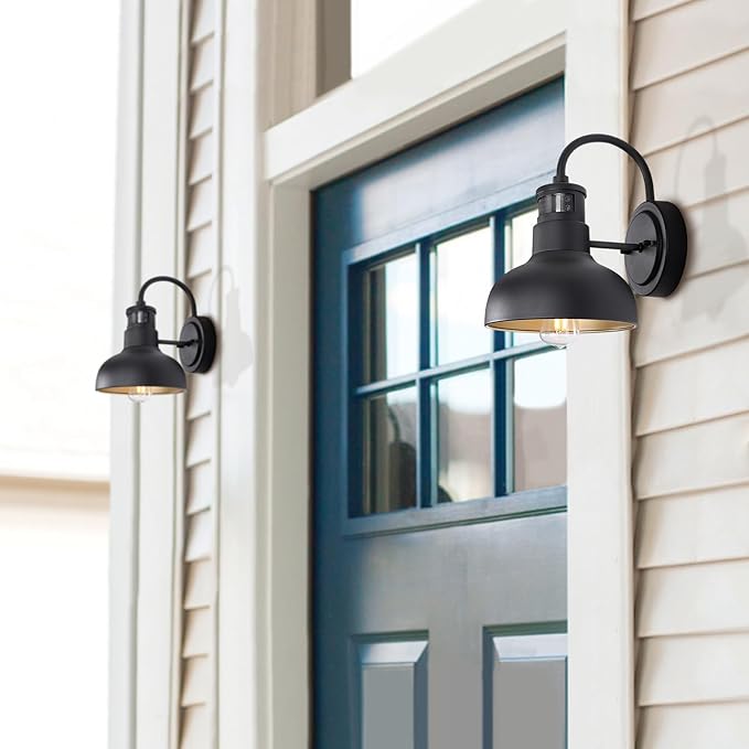 7in Motion Sensor Outdoor Barn Wall Lights Dusk to Dawn Exterior Gooseneck Lighting Wall Mount Small Dome Gooseneck Porch Wall Sconce Black Farmhosue External Garage Barn Lights