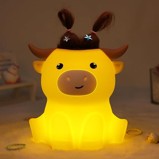 Highland Cow Night Light, Fluffy Cow Squisy Lamp for Kids, Soft Silicone Animal Nightlamp with 2 Levels Dimmable & 20 Mins Timer, Rechargeable LED Light Gifts for Baby Boys Girls