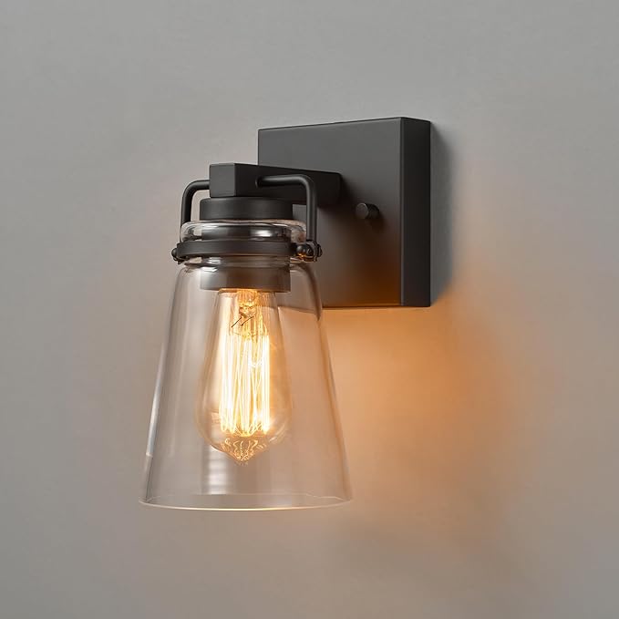 GLOBE Electric 60000174 1-Light Dusk to Dawn Outdoor Wall Sconce, Matte Black, Clear Glass Shade, E26 Bulb, Weather Resistant