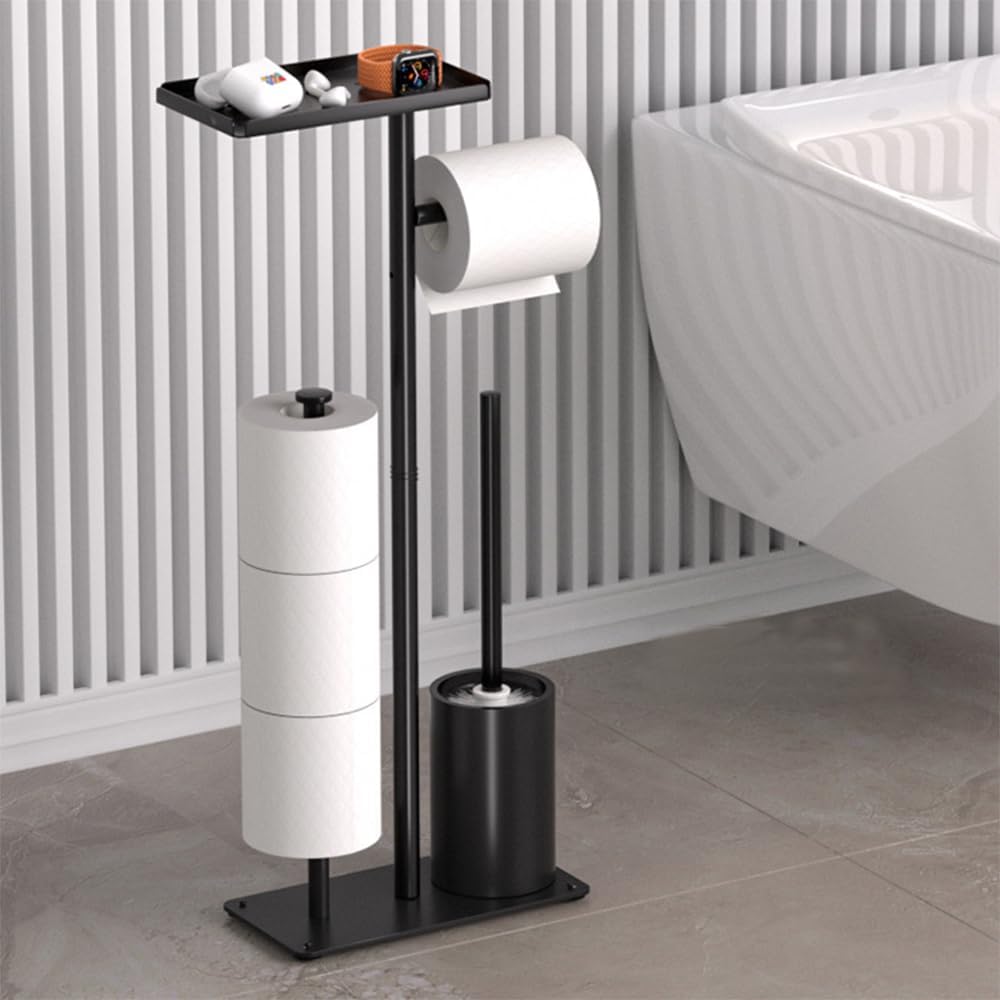 Rustproof Metal Toilet Paper Holder by [Brand Name] - Free Standing Design for 3 Rolls with Anti-Slip Base & Shelf for Phone, Black