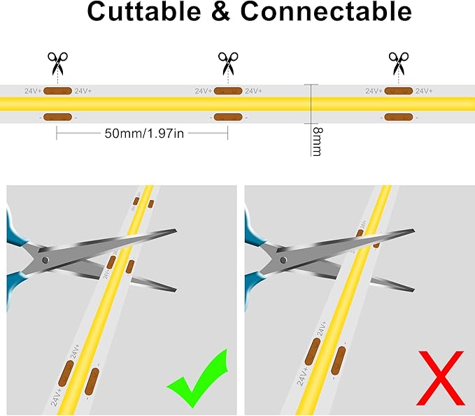 COB LED Strip 5m,16.4ft LED Strip Lights,Touch Dimmable LED Strips,CRI90+,6000K Daylight White LED Tape Lights,1600LEDs,24V cob led,Indoor for Bedroom,Kitchen,TV,Mirror,Cabinet