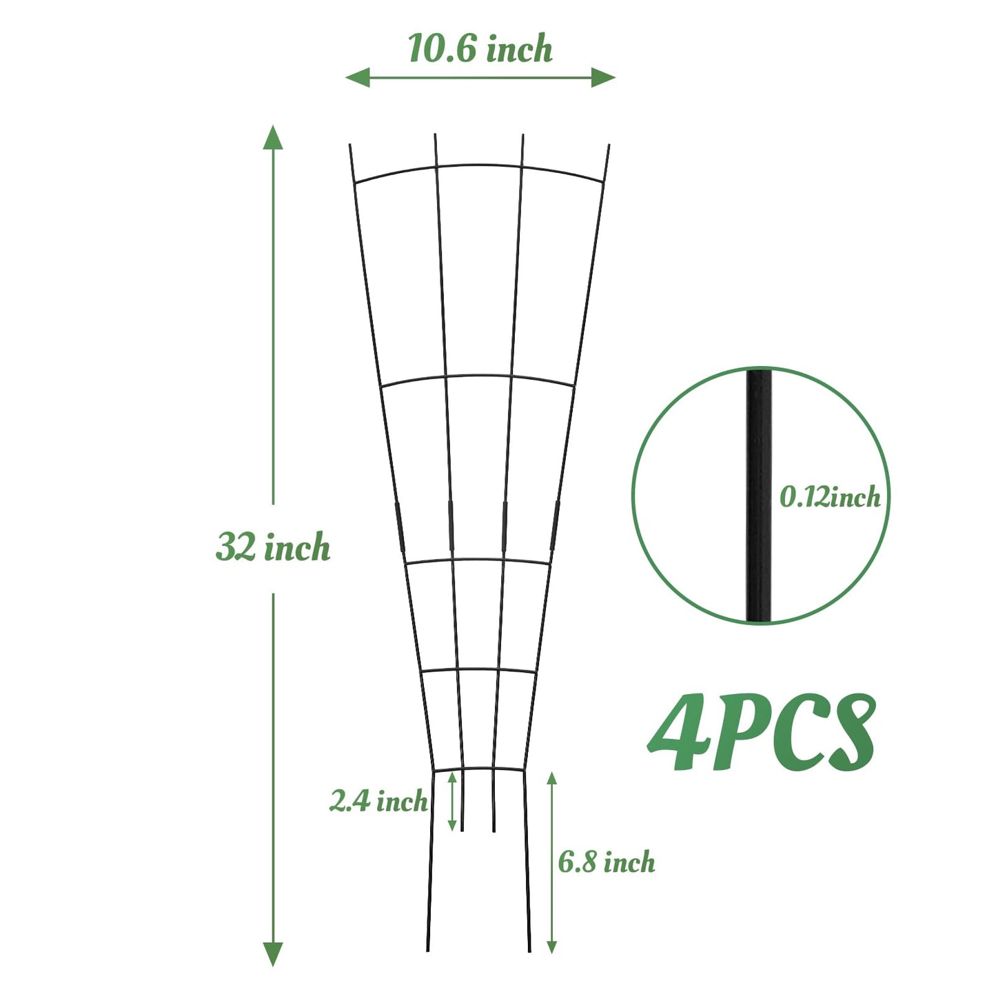 ANCOUUIN 4 Pack 32'' Black Metal Plant Trellis Indoor/Outdoor, Fan Shape, Stainless Steel, Modern Style, Easy Assembly