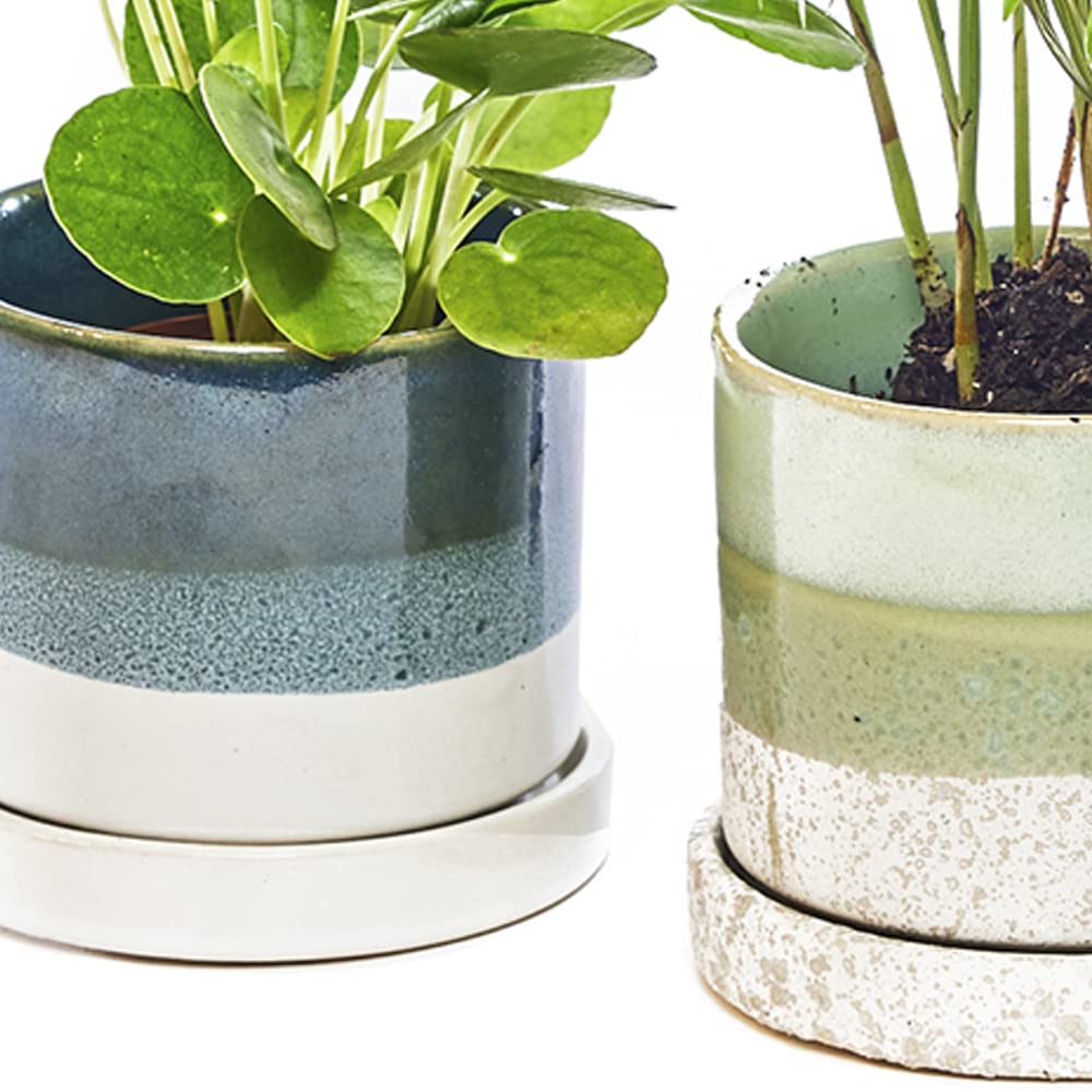 CHIVE ‘Minute’ Ceramic Succulent Planters — Set of 3 — 3” Indoor Cactus & Flower Container Pots with Drainage & Detachable Saucer — Green Blue Mix