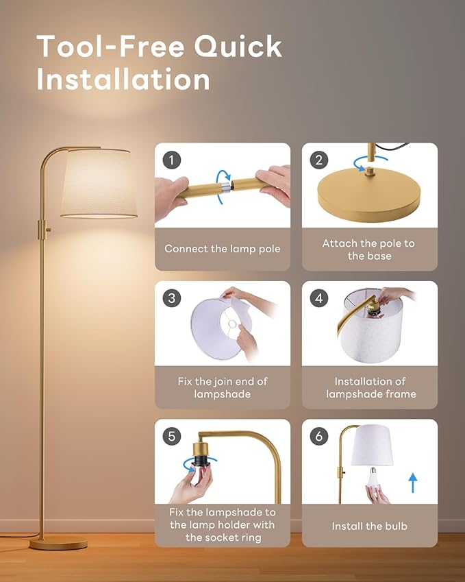 Dimmable Arc Floor Lamp, 1200 Lumens RGBCW Color Change Bulb Included, Standing Lamp with Linen Shade, 65" Tall Lamp with Remote for Living Room, Bedroom, Office, Dining Room, Kitchen, Gold