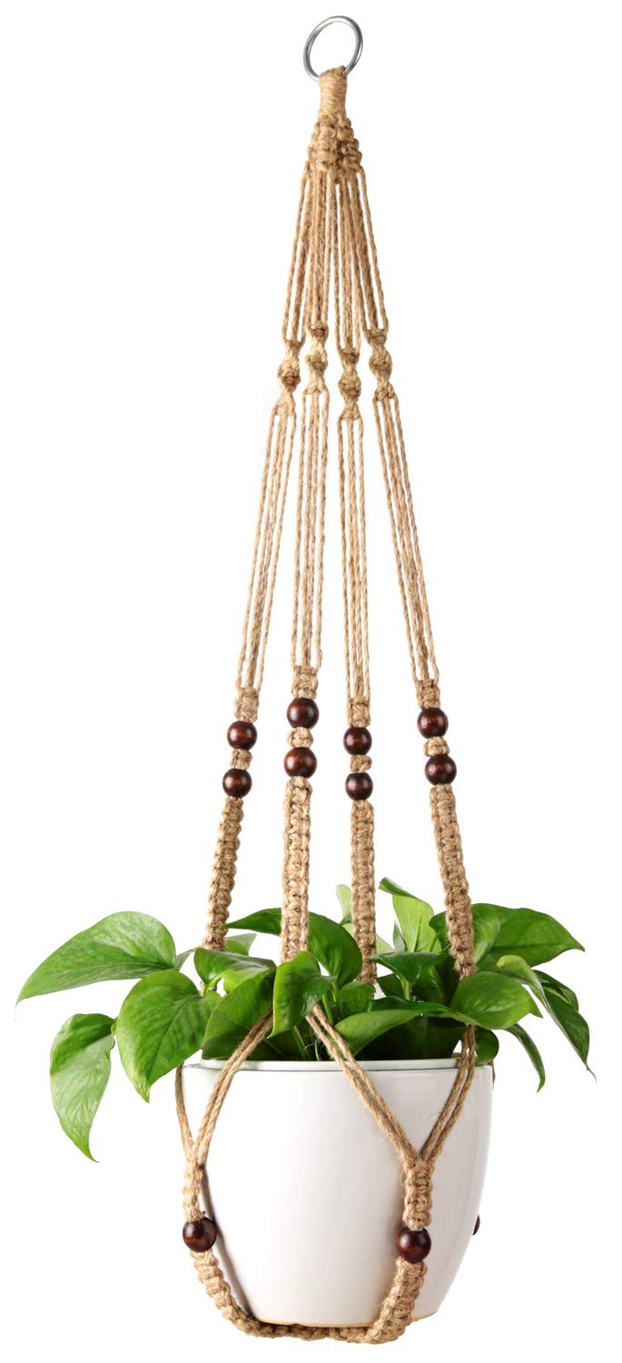 Mkono Set of 2 Macrame Plant Hanger 35 Inch and 43 Inch Indoor Jute Hanging Planter Basket with Wood Beads Decorative Flower Pot Holder No Tassels, Brown (POTS NOT Included)