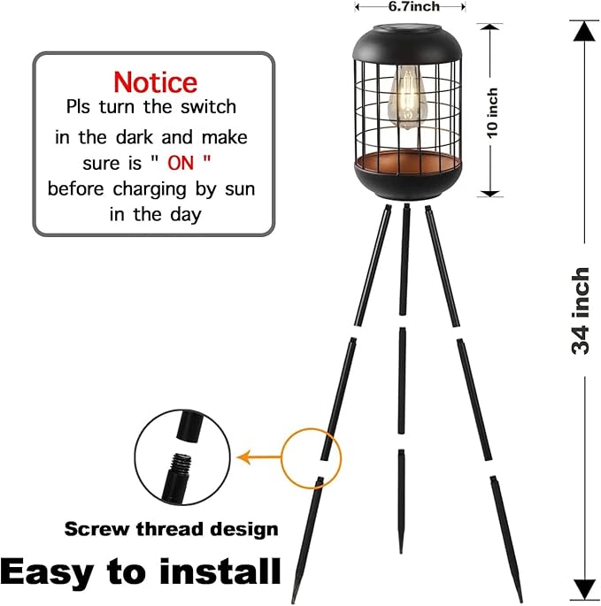 Solar Floor Lamp Outdoor Large Lanterns for Patio, Waterproof Big Solar Lamp Outdoor Metal Tripod Solar Lights for Deck Lawn Yard or Porch Decor(Black)