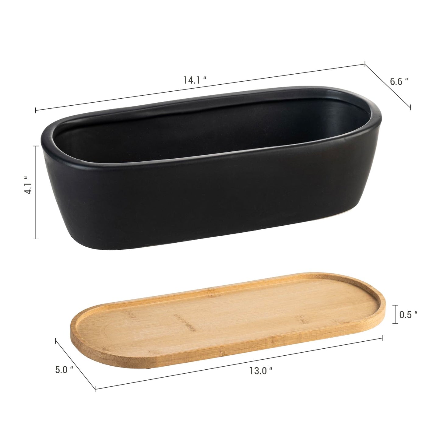 MyGift 14 Inch Oval Modern Matte Black Ceramic Succulent Planter Pot with Drainage Hole and Removable Bamboo Saucer, Decorative Indoor House Plant Container for Flowers, Cactus, Herbs