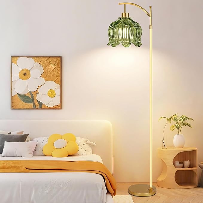 Green Floor Lamp for Living Room,Bedroom,Gold Dimmable Standing Lamp with Remote,Mid Century Modern Brass Tall Lamp Boho Floor Lamps Arc Vintage Glass Flower Floor Light Lamp Girls Bohemian
