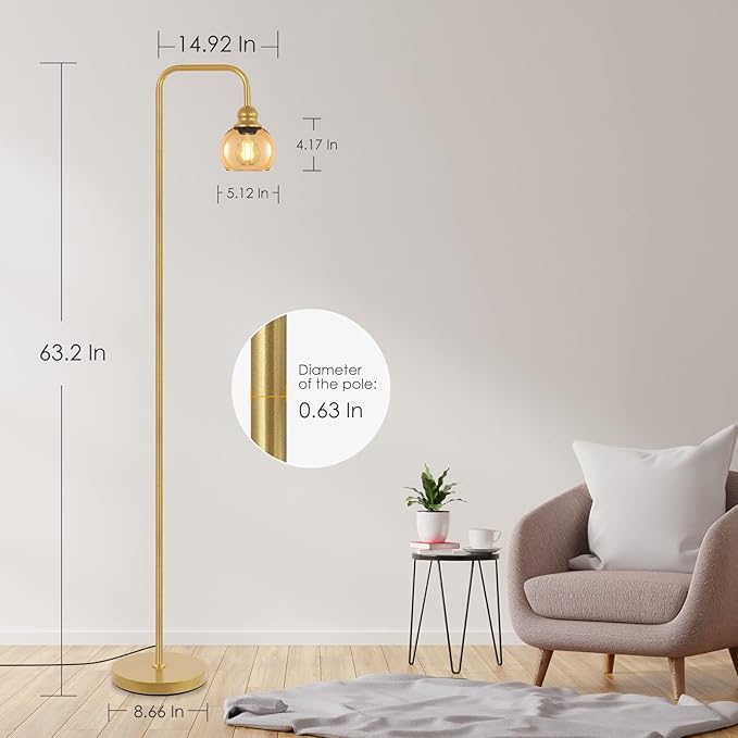 Modern Floor Lamp for Living Room with 6W LED Bulb, Industrial Floor Lamp, Amber Glass, Classic Reading Tall Lamp for Home Office, Standing Lamp for Study, Minimalist, Vintage, Mid Century, Brass Gold
