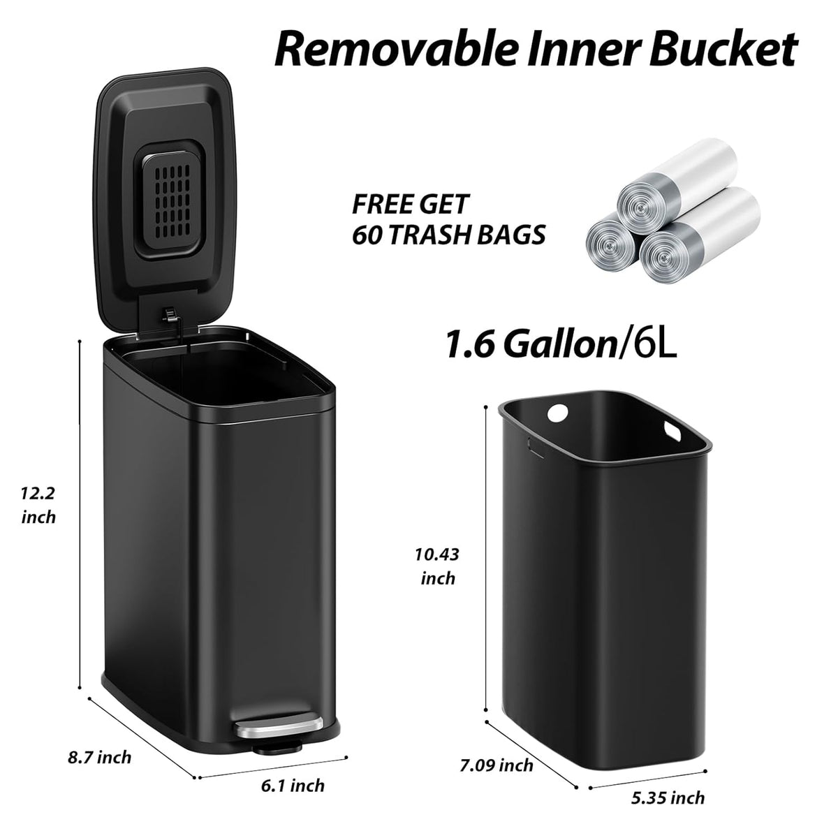 Skiennix 1.6 Gallon Step Pedal Trash Can - Soft Close Lid, Black Stainless Steel, Slim Design with 60 Bags