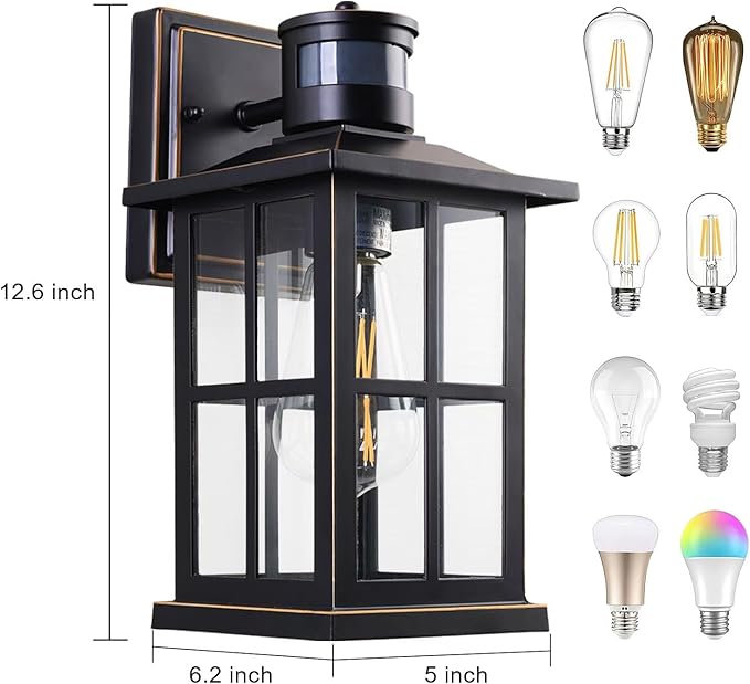 2 Pack Outdoor Motion Sensor Porch Light, Black Exterior Wall Lantern Lighting Fixtures,Dusk to Dawn Outdoor Wall Lights, Waterproof Front Porch Light Outside for Garage, Patio,House.