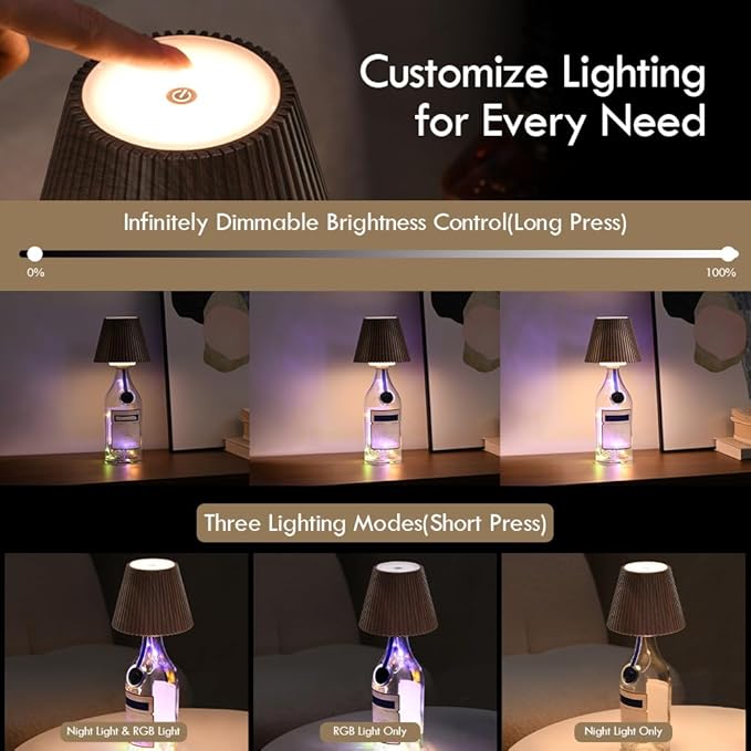 WILIT Wireless Bottle Lights for Bottles, 3-Level Brightness Rechargeable Lamp Shade for Bottle, Bar Lamps for Home Bar Decor with RGB Lights, Cordless Table Lamp for Bedroom, Gift for Her Men