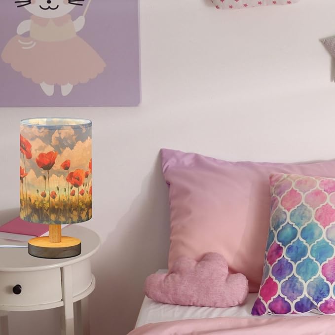 Fustylead Oil Painting Poppy Flowers Bedside Table Lamps with USB Port for Bedroom Lamp Accent Table Lamp Small Nightstand Lamp Sturdy Linen Shade Wooden Decorative Lamps for Office Dorm Home