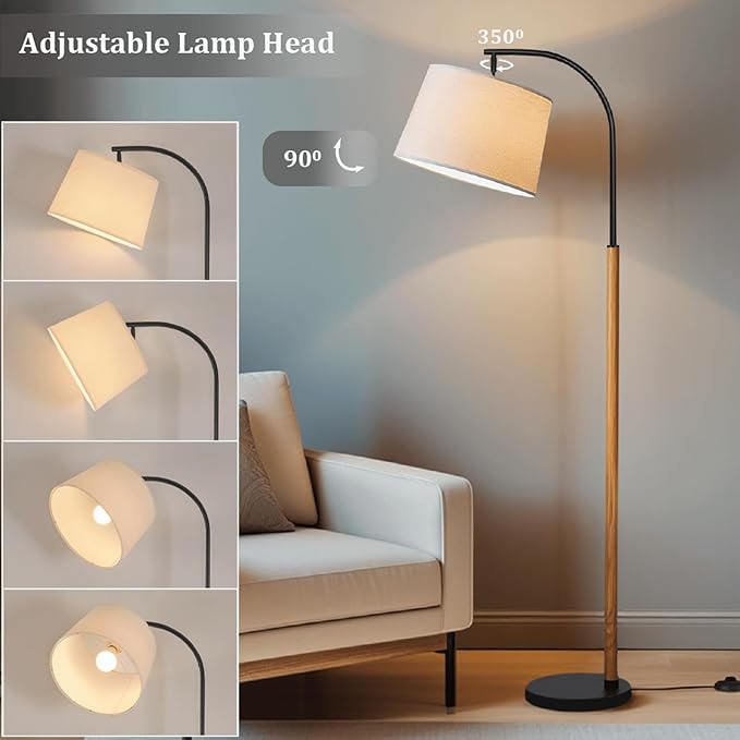 65” Brown Black Arc Floor Lamp for Living Room, 1200 Lumens 3-Level Brightness Mid Century Modern Floor Lamp for Bedroom, Wood Arc Standing Tall Lamp, Adjustable Lampshade, LED Bulb Included