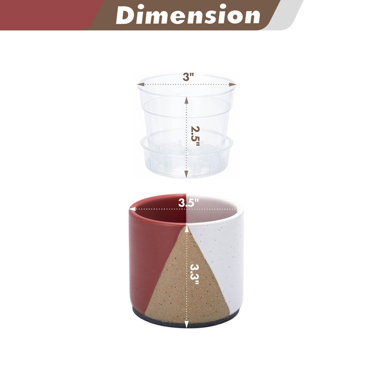 D'vine Dev 3.5" Stoneware Cachepot Planter with 3" Clear Nursery Pot & Detachable Saucer – Modern Indoor Plant Pot with Drainage for Bottom Watering & Root Visibility, Crimson Dune, 93-O-A-4