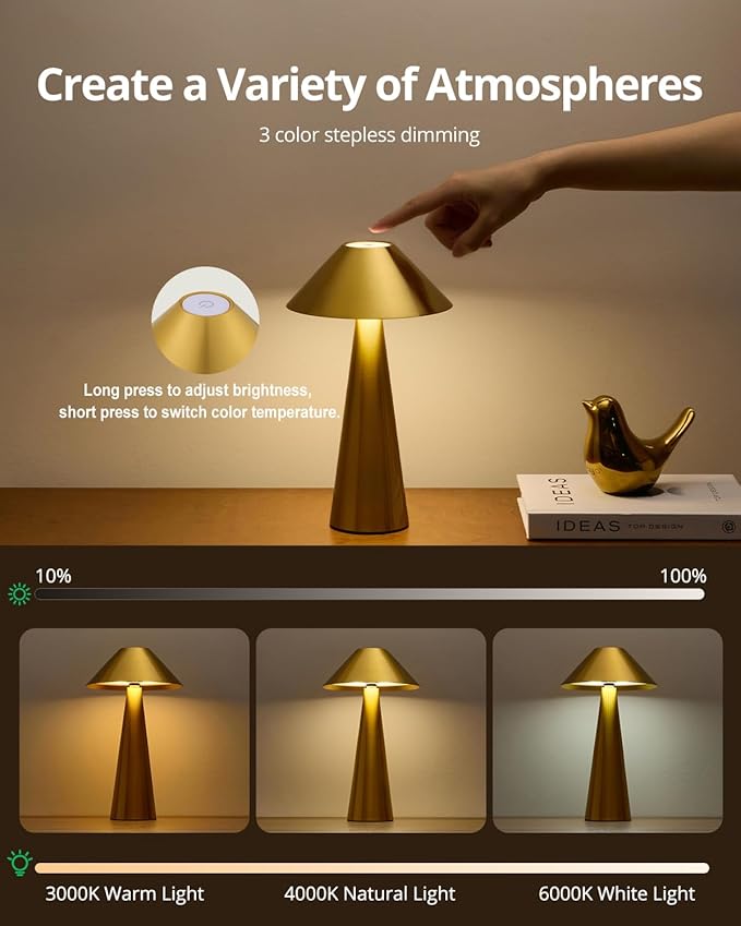 Bojim Rechargeable Cordless Table Lamp, Gold LED Battery Operated Wireless Table Lights, Touch for 3 Color Dimmable, IP54 Waterproof for Restaurant, Dining, Outdoor, Patio, Outside