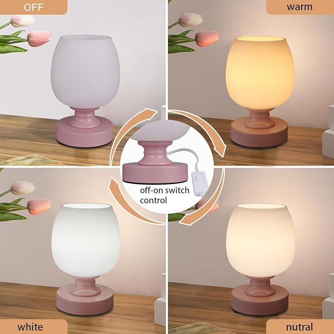 Small LED Table Lamp for Bedroom, 2 Sets Glass Desk Light, 3CCT Bulb Included Pink