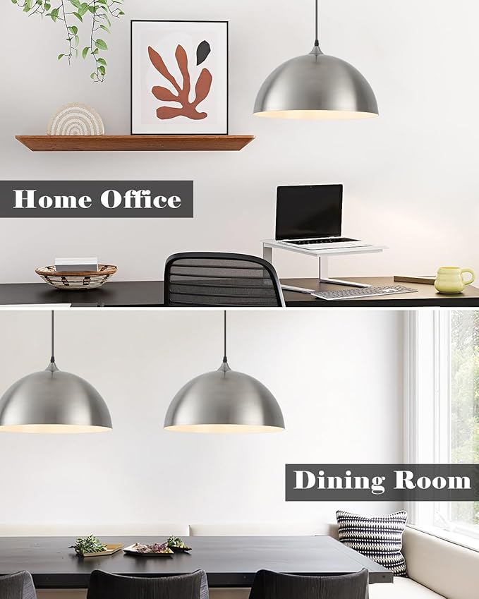 Brushed Nickel Pendant Lights Kitchen Island, 16 Inch Large Dome Pendant Light, Modern Farmhouse Pendant Light for Kitchen Island, Dining Room, Cafe, Bar, 2 Pack