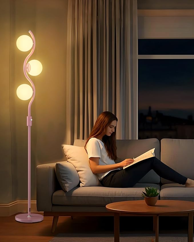 Lightdot 60IN Dimmable Pink Floor Lamp Mid Century Standing Lamps with 3Pcs 3000K Warm White Bulbs Included Dimmable Globe Modern Tall Lamp with Stable Base for Bedroom/Office/Sofa Beside/Corner Decor