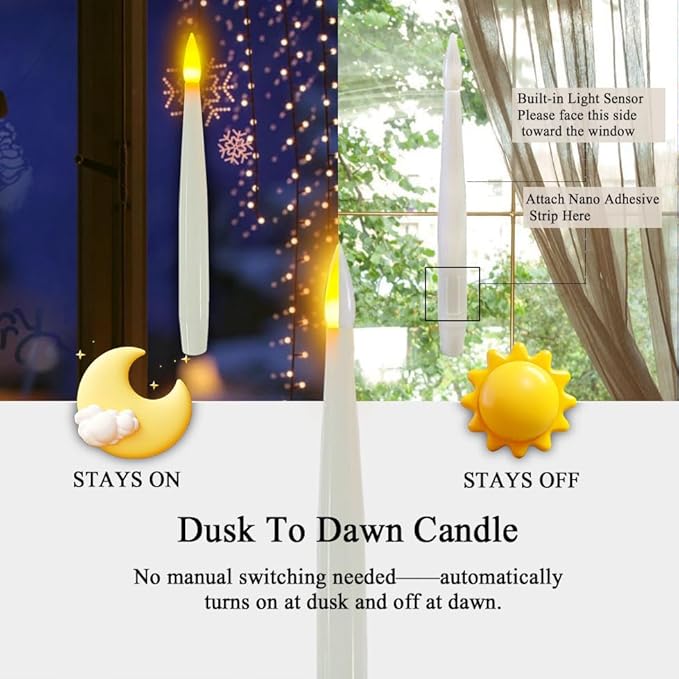 JMTONE 14PC Window Candles with Light Sensor Dusk to Dawn, Window Candles Battery Operated with Nano Adhesive Strip, 6.1" Flameless Taper Candle for Halloween, Christmas, Xmas Holiday Home Decor