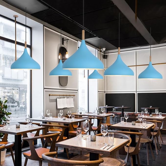Creative Colorful Wood Metal Pendant Light, Nordic Modern Hanging Light Fixture, Single Rustic Farmhouse Pendant Lamp, Simple Retro Pendant Lighting for Kitchen Island Dining Table (Blue,16.5in)