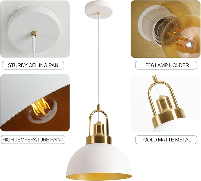 Vintage Pendant Light White and Gold Pendant Light with 9.84 Inch Round Dome, Brass Socket, and 78.74 Inch Cord - Perfect for Kitchen Island, Dining Room, Hallway