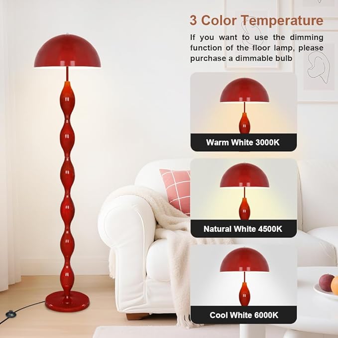 Unique Floor Lamp for Living Room,63" Creative Funky Red LED Mushroom Lamps,3 Colors Standing Light,Mid Century Modern Tall Floor Lamp with Iron Dome Shade for Bedroom,Office,Corner