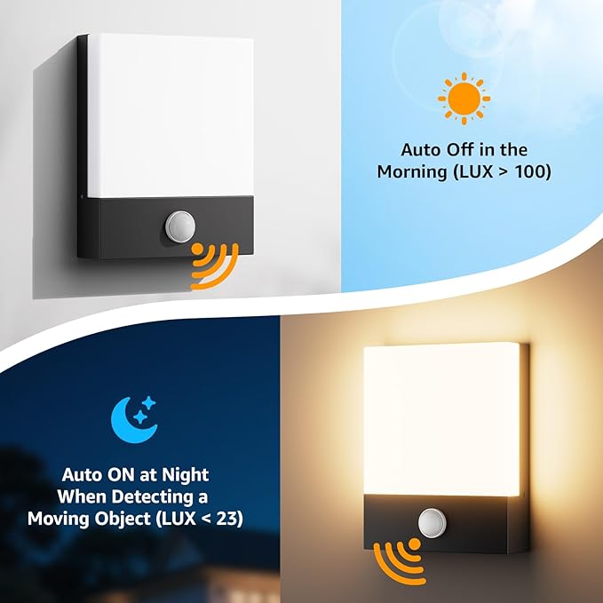 Aoceeley Modern Outdoor Led Wall Light with Motion Sensor,24W 3000K Porch & Patio Light,Exterior Hardwired Wall Light Fixtures,IP65 Waterproof Square Wall Lamp for Garage, Front Door(Black,1-Pack)