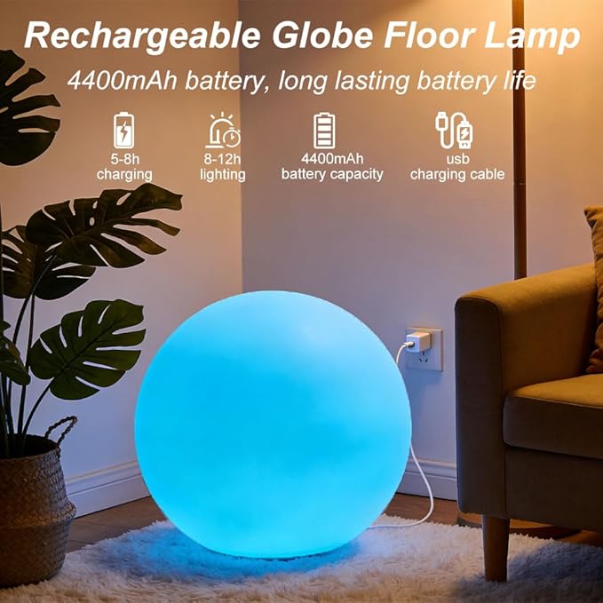 Large LED Glowing Ball Light, 20-in Outdoor LED Garden Orb Lights, Rechargeable Globe Lights RGB Color Changing Globe Floor Lamp Mood Lamp w/Remote, Waterproof Light Up Ball Light for Patio Lawn Decor