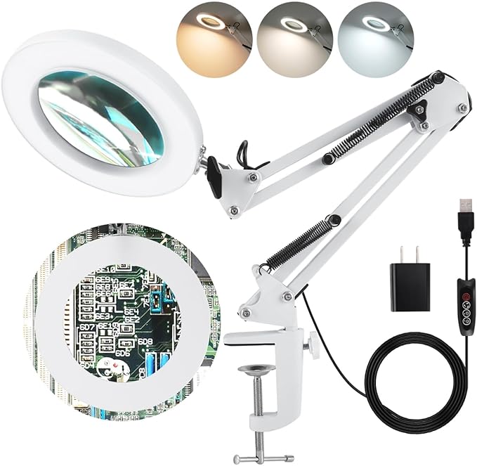 LANCOSC 10X Magnifying Glass with Light and Stand, Optical-Grade Glass Lens, 3 Color Modes Stepless Dimmable, Adjustable Swivel Arm, LED Magnifier Desk Lamp for Close Work Repair Crafts Reading, White