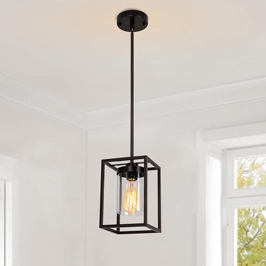 1-Light Oil Rubbed Bronze Pendant Light Fixture, Farmhouse Iron Cage Metal Pendant Light, Lantern Pendant Lighting with Clear Glass Shade for Kitchen Island Entryway Dining Room Hallway