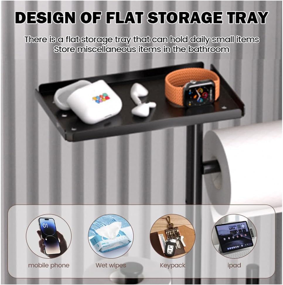 Rustproof Metal Toilet Paper Holder by [Brand Name] - Free Standing Design for 3 Rolls with Anti-Slip Base & Shelf for Phone, Black