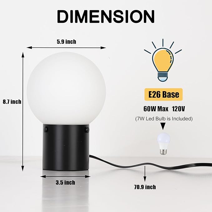 Somniferous Small Table Lamps Set of 2, Black Table Lamp with Frosted Glass Globe Shade, Mid Century Modern Bedside Lamps, Nightstand Lamps for Bedroom Living Room Dorm, 7W LED Bulb Included