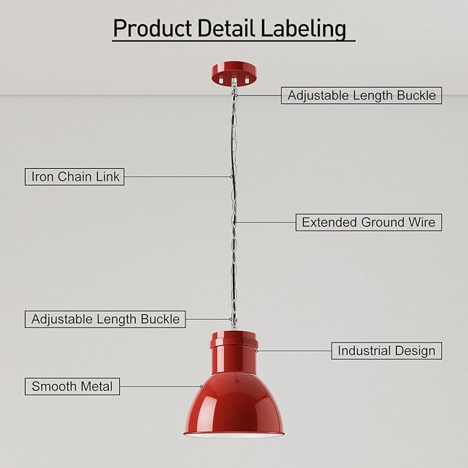 BoostArea Red Pendant Lights Kitchen Island, 10.6" Large Metal Shade and 71'' Adjustable Height, Mid Century Modern Pendant Light fixtures,Hanging Pendant Lighting for Christmas Decor/Lighting,No Bulb