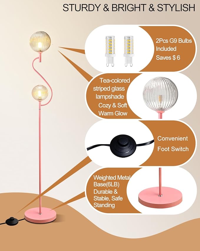Lightdot Pink Floor Lamp, Mid Century Tall Standing Lamps with Globe Clear Glass Shade Soft Warm White Bulbs Included, Modern Unique Floor Lamp for Living Room/Bedroom/Sofa Beside/Corner Decor