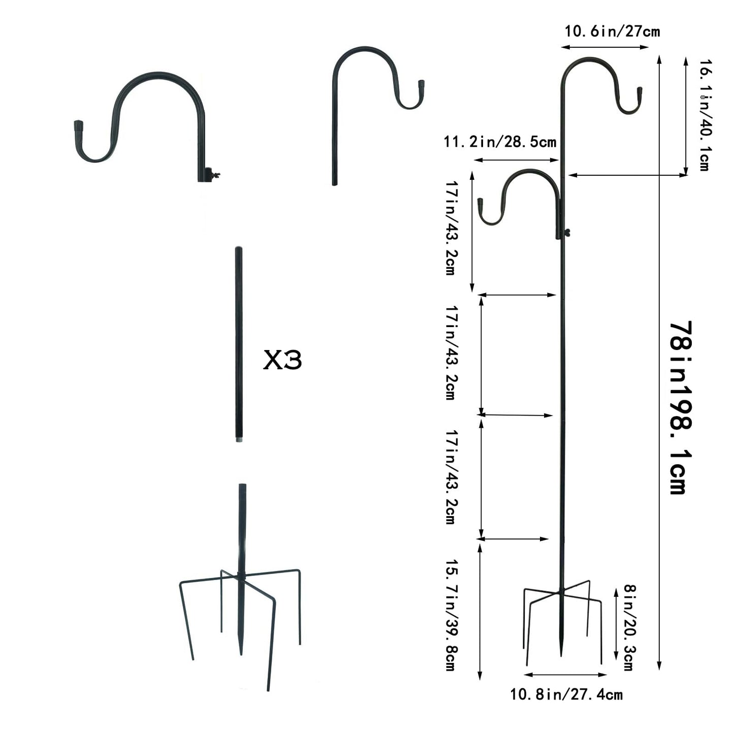 MIPON 2 Pack 78 Inch Double Shepherds Hooks for Outdoor Bird Feeder,Hanging Plants,Solar Light,Adjustable 78/62/46/30 Inch,3/4 Inch Width Heavy Duty Garden Shepards Hook