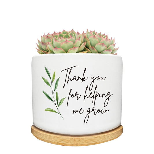 Arosedmo Thank You for Helping Me Grow Succulent Cactus Planter Pots with Bamboo Tray, Office Kitchen Home Windowsill Indoor Tabletop Decor, Gift for Friends Mom Teachers Plant Lovers