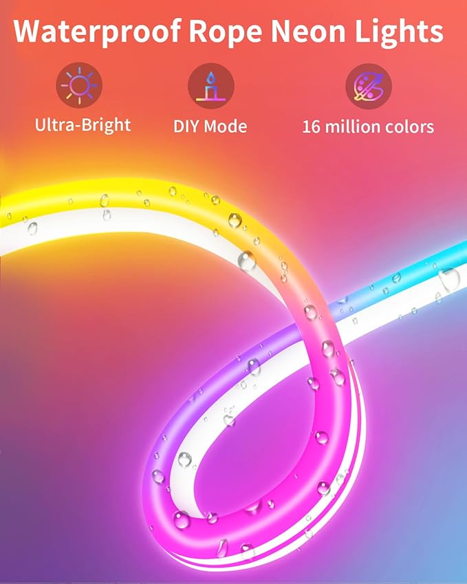 33ft Neon Rope Lights, RGB IP68 Waterproof Flexible LED Strip Lights, Neon Lights with App Remote for Wall, Bedroom, Outdoors, Pool